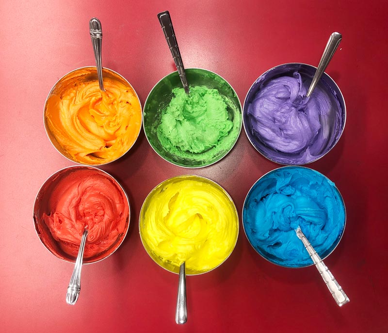 bowls of coloured icing